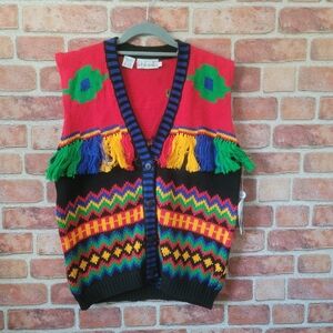 Vintage Hip Hop Rafaella Tassles Fringe  Colorblock Sweater Vest Sz M